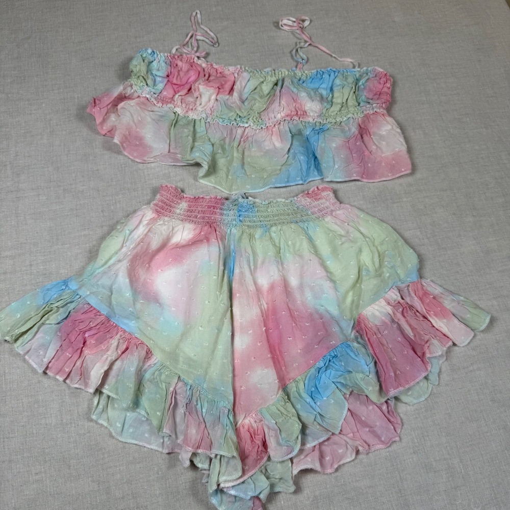 Isabelle's Cabinet Shorts Set Womens M Pastel Tie Dye Excellent Ruffle Swiss Dot